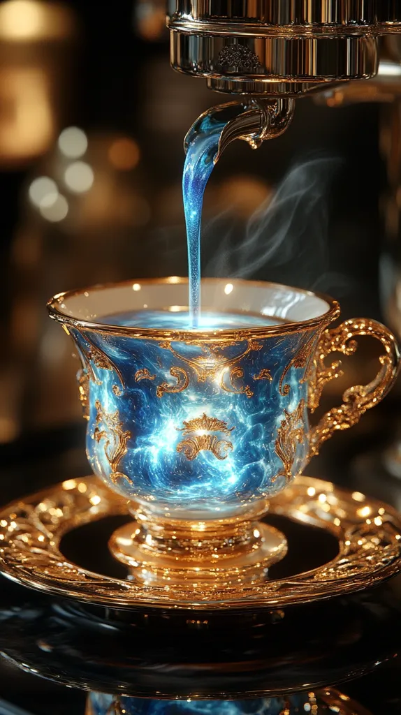 A shimmering blue liquid pours from a polished metallic spout into an ornate gold and blue teacup.  The cup, resting on a matching saucer, is intricately decorated with gilded patterns.  The liquid glows with an ethereal light, creating a magical and captivating scene.  Steam rises gently from the cup, enhancing the mystical ambiance.