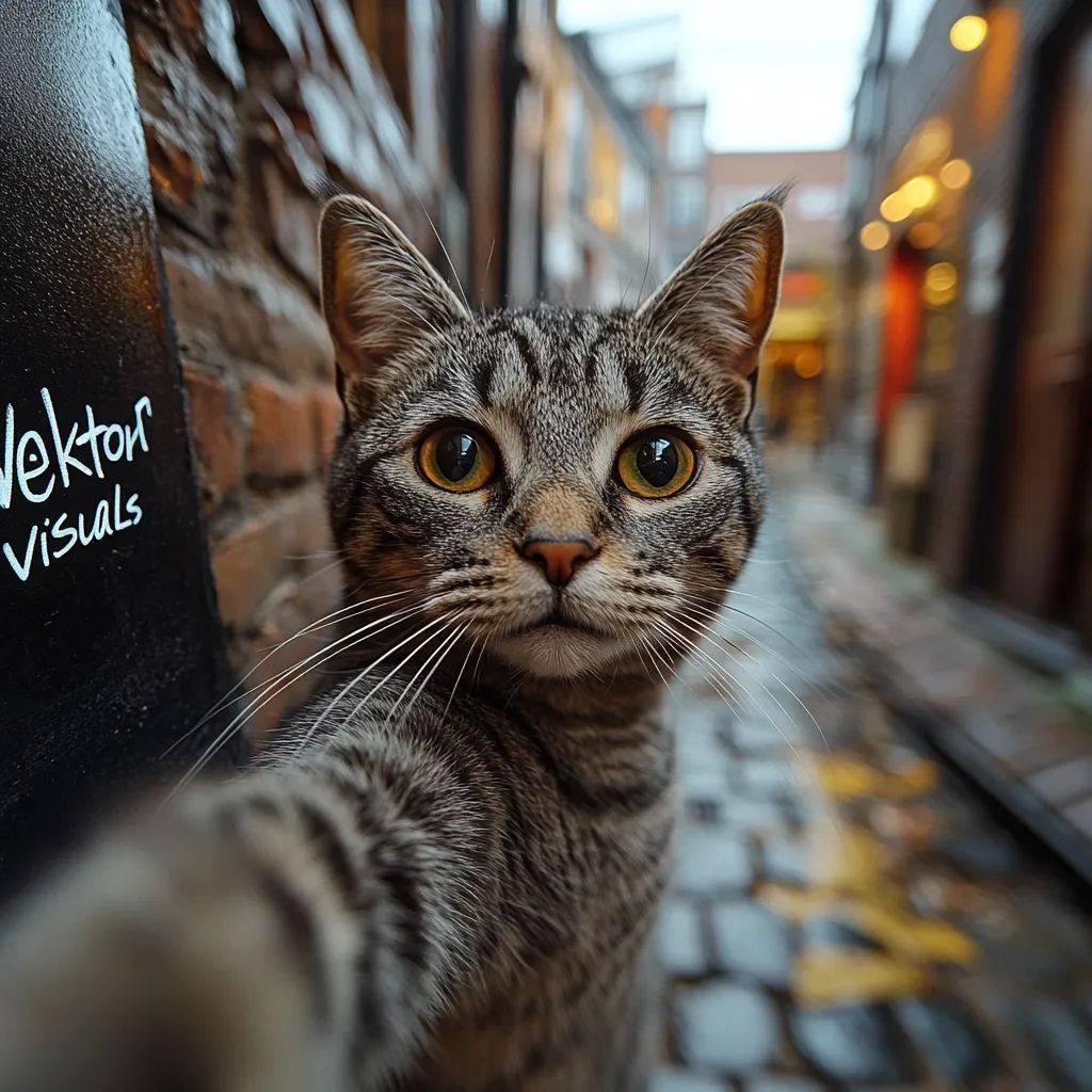 A tabby cat extends its paw towards the camera in a playful selfie.  Its large, expressive eyes are captivating.  The background is a blurred alleyway, suggesting a European setting. The cat is positioned next to a dark surface with "Vektor Visuals" written on it. The overall image is warm and inviting, capturing the cat's playful personality.