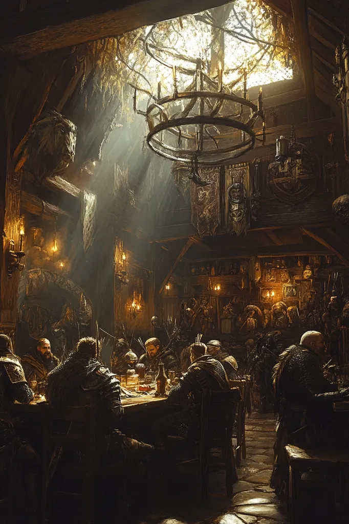 A dimly lit, rustic tavern is filled with warriors gathered around a long wooden table.  Sunlight streams through a gapped roof, illuminating dust motes dancing in the air.  The tavern's walls are adorned with tapestries, weaponry, and animal heads.  The atmosphere is dark, mysterious, and evokes a sense of medieval fantasy.  The figures are heavily cloaked, suggesting a secretive meeting or council.