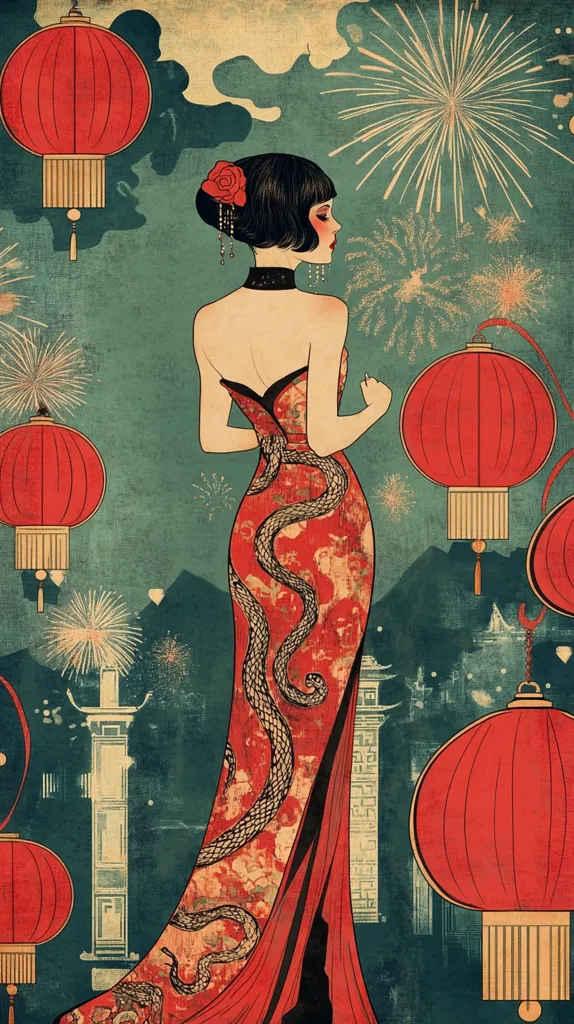 A stylish woman in a red, snake-patterned cheongsam stands against a backdrop of fireworks and traditional Chinese lanterns.  The art style is reminiscent of vintage posters, with a muted color palette and bold lines.  She is elegantly poised, her back to the viewer, suggesting a sense of mystery and quiet celebration. The scene evokes a feeling of festive occasion and cultural richness.