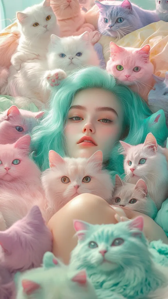 A young woman with vibrant teal hair is surrounded by a multitude of pastel-colored cats.  The cats, in shades of pink, white, lavender, and light blue, are nestled closely around her, creating a whimsical and dreamy scene.  The overall image is soft, delicate, and evokes a feeling of gentle serenity.