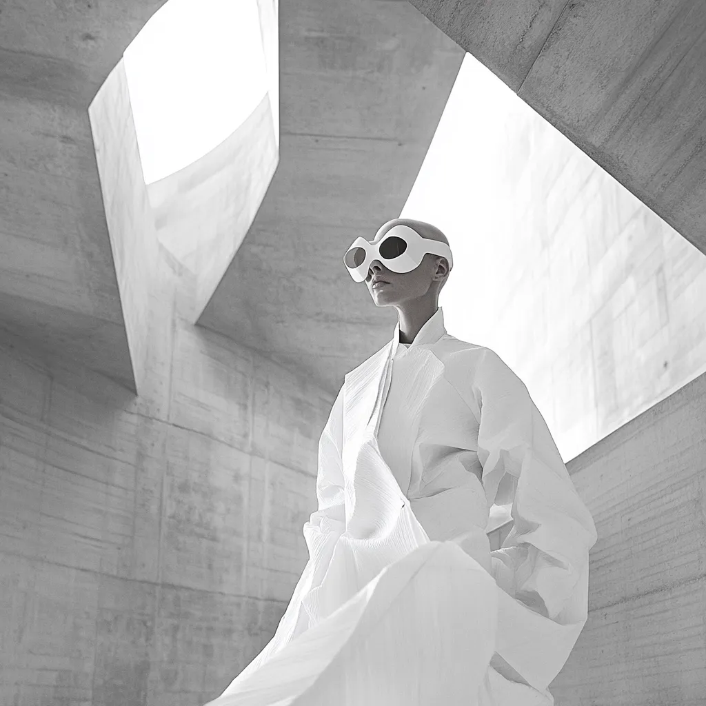 A bald woman in a flowing white, pleated robe and large white sunglasses stands within a stark, modern concrete structure. The monochromatic image emphasizes the architectural lines and the model's minimalist attire, creating a futuristic and elegant aesthetic.  The interplay of light and shadow highlights the texture of both the clothing and the building.