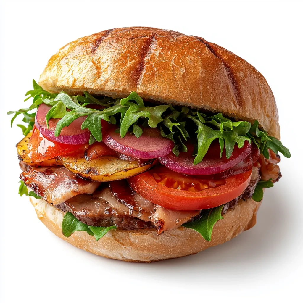 A gourmet burger with a toasted brioche bun is filled with a juicy beef patty, crispy bacon, grilled pineapple, red onion, tomato slices, and fresh arugula.  The vibrant colors and layered ingredients showcase a delicious and visually appealing sandwich, perfect for a satisfying meal.