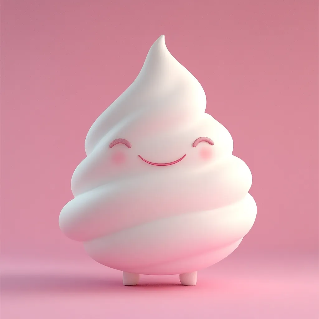 A cute, cartoonish rendering of a swirl of whipped cream stands on a pink background.  The cream is white, with rosy cheeks and a smiling mouth, giving it a cheerful and playful expression.  Its soft, rounded form and simple design create a sweet and appealing image.  The overall style is minimalist and charming.