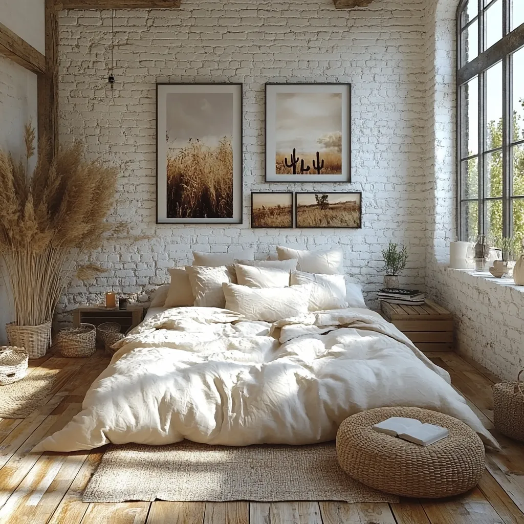 A sunlit bedroom features a large, cream-colored linen duvet on a bed with multiple pillows.  The whitewashed brick wall is adorned with framed nature photographs.  A large pampas grass arrangement stands beside a woven basket. A jute rug and woven ottoman complete the bohemian, minimalist aesthetic.  Sunlight streams in from a large industrial window.