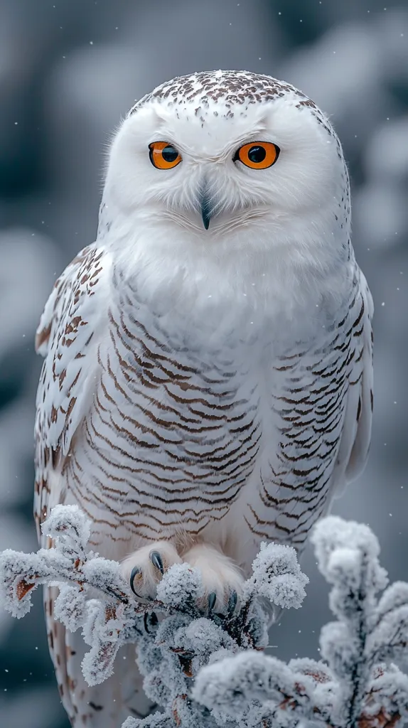 A snowy owl, with striking orange eyes, perches on a frost-covered branch.  Its white plumage is beautifully detailed with intricate brown barring.  The owl is sharply focused against a softly blurred background of snow and muted greens, creating a serene winter scene.  The image evokes a sense of quiet majesty and the beauty of the Arctic.