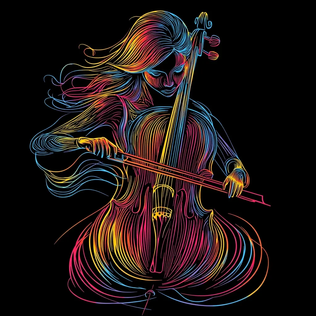 A vibrant, stylized illustration depicts a cellist immersed in performance.  The artwork uses flowing, multicolored lines to create a dynamic image of both the musician and her instrument.  Her hair streams behind her as she plays, the cello seemingly melting into swirling, colorful energy. The dark background accentuates the bright, expressive lines.