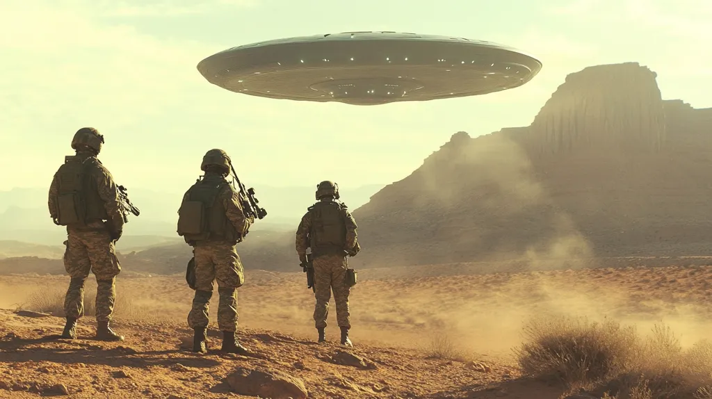 Three soldiers in desert camouflage stand vigilant in a desolate, dusty landscape.  A large, grey UFO hovers silently above them, casting a long shadow.  The arid terrain stretches to rocky mesas in the background, creating a tense, otherworldly atmosphere. The scene suggests a military encounter with an unidentified flying object.
