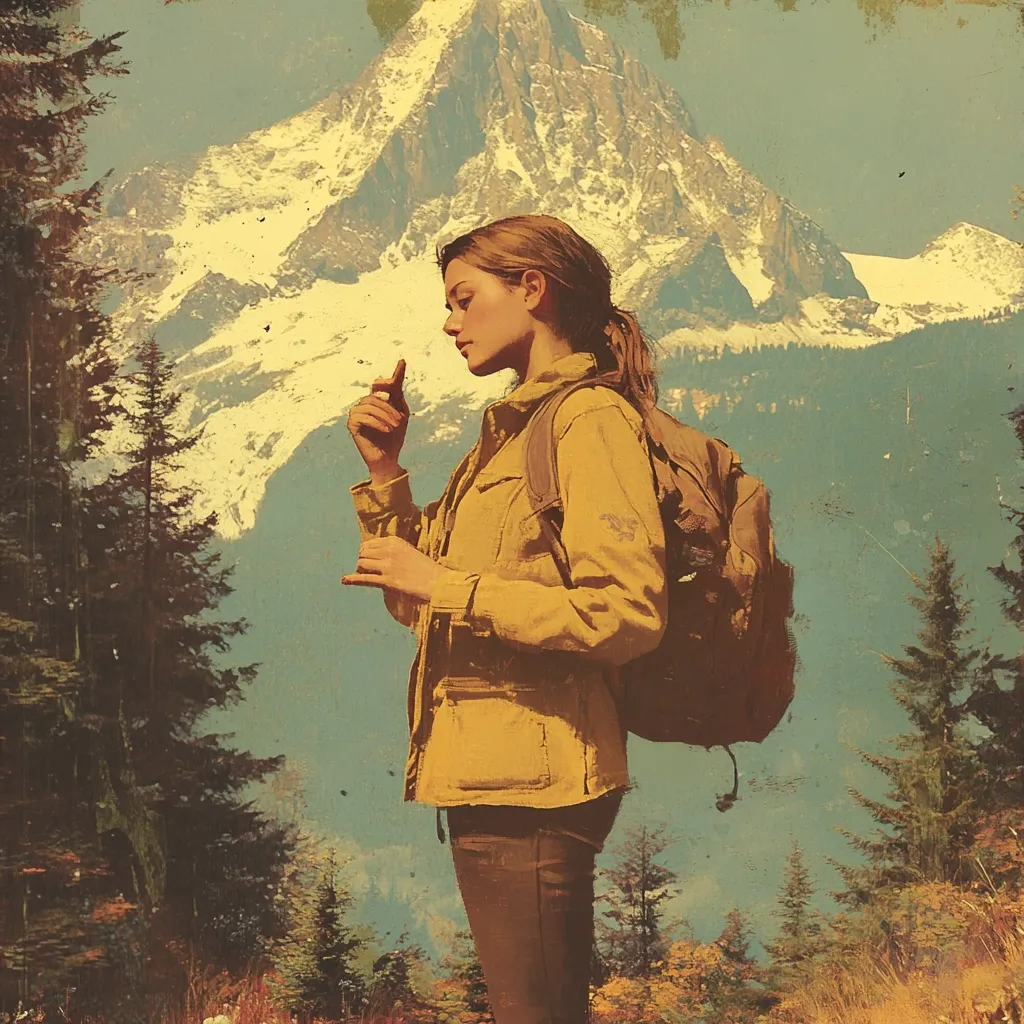 A young woman, wearing a mustard-yellow jacket and carrying a backpack, stands in profile against a backdrop of a majestic, snow-capped mountain range.  The style evokes a vintage travel poster, with a muted color palette and a slightly textured, aged effect.  Tall evergreens frame the scene, creating a sense of peaceful solitude in a breathtaking natural landscape.