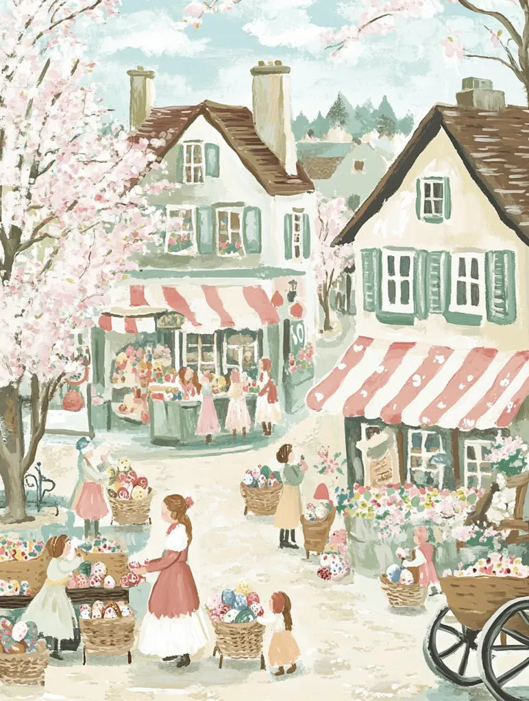 A charming village scene unfolds, painted in soft pastels.  Flower-laden shops with striped awnings line a cobblestone street, surrounded by blossoming cherry trees.  Women and children, dressed in quaint clothing, are seen purchasing colorful Easter eggs, creating a festive and idyllic atmosphere. The style is reminiscent of children's book illustrations, capturing a whimsical and joyful mood.
