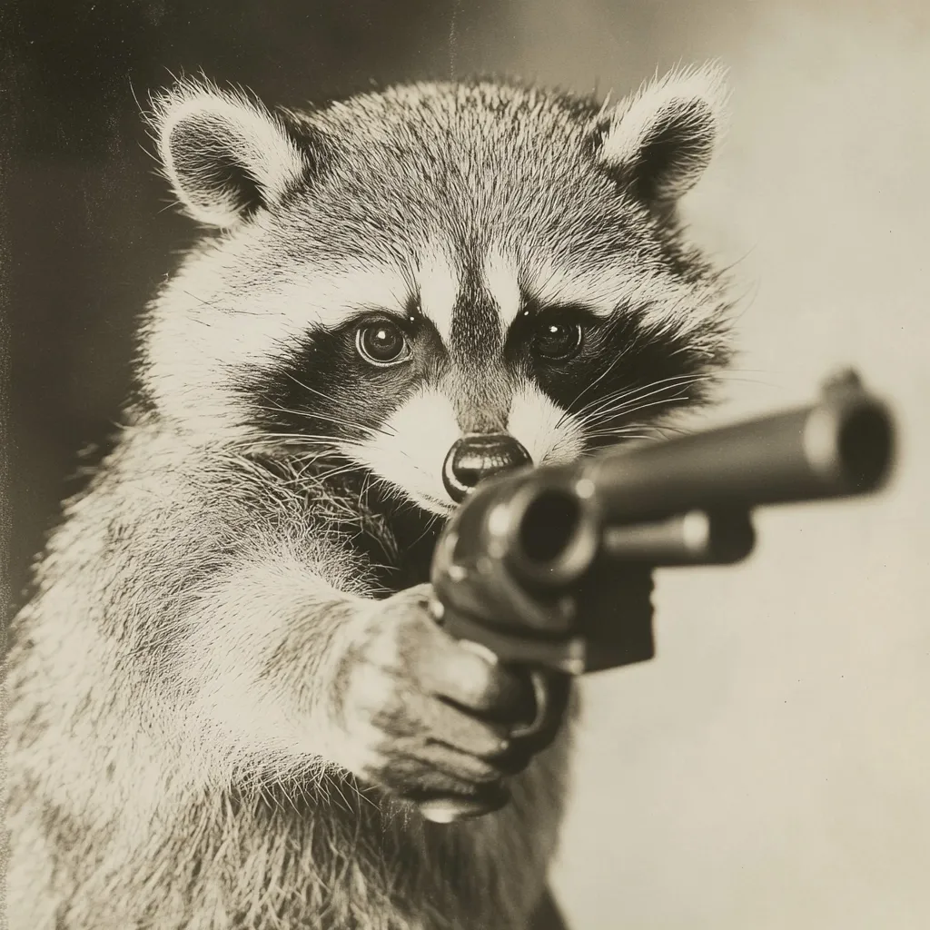 A black and white close-up photograph shows a raccoon aiming a revolver directly at the viewer.  The raccoon's intense gaze is fixed, its paws gripping the gun. The image has a vintage, possibly early 20th-century, aesthetic, creating a dramatic and slightly unsettling effect. The focus is sharply on the raccoon and the gun.