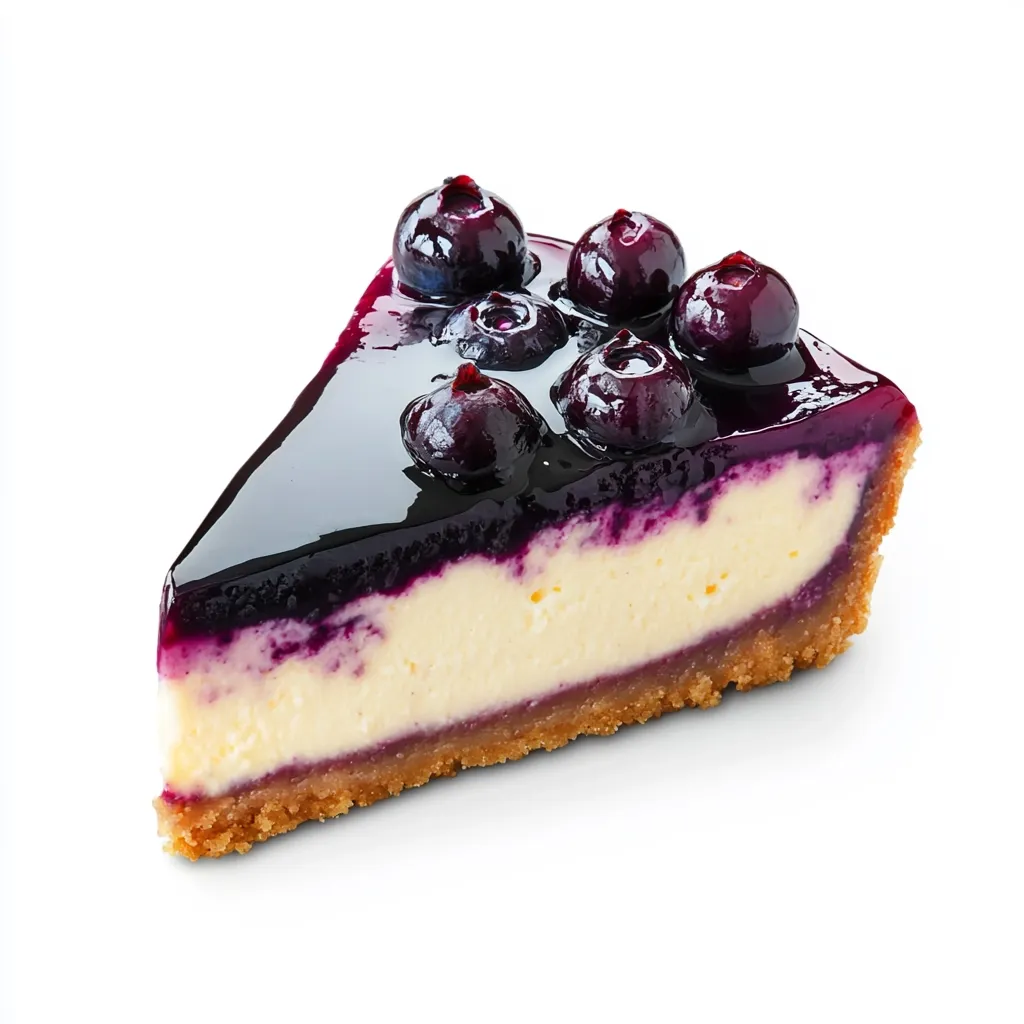 A slice of blueberry cheesecake is presented against a white background. The cheesecake features a creamy, yellow filling topped with a glossy, dark purple blueberry sauce and several whole blueberries.  The crust is visible at the bottom, offering a contrast in texture and color.  The image highlights the dessert's rich and decadent appearance.
