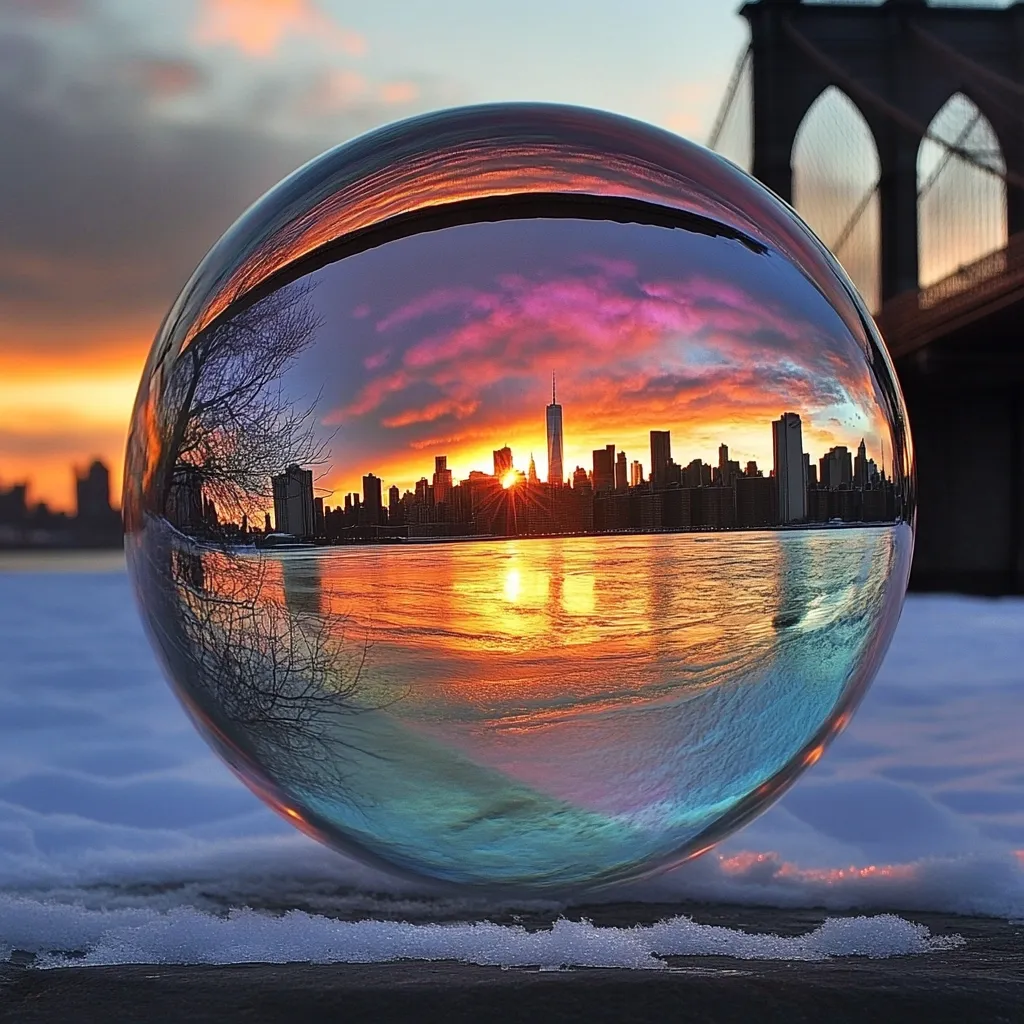 A crystal ball rests on snow-covered ground, reflecting a vibrant sunset over the New York City skyline.  The One World Trade Center is prominently featured, silhouetted against the fiery colors of the sky.  The Brooklyn Bridge's gothic arches are partially visible in the background, adding depth to the scene.  The image creates a surreal and captivating miniature world within the sphere.
