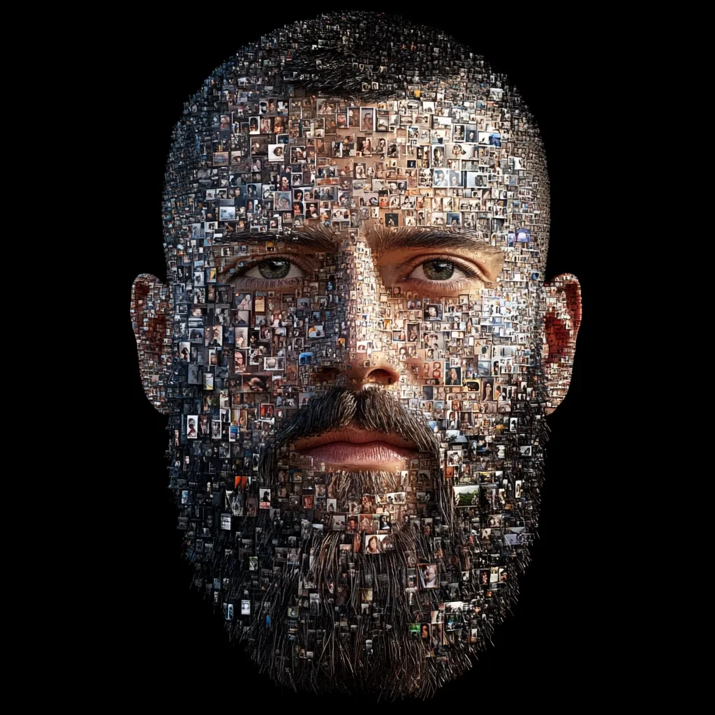 A striking portrait of a bearded man is constructed entirely from a multitude of smaller photographs.  The image uses a photomosaic technique, creating a larger image from numerous tiny individual pictures, forming the man's face and beard. The effect is both detailed and surreal, highlighting the concept of collective identity or the multitude of faces that make up a whole. The dark background enhances the focus on the intricately detailed mosaic.