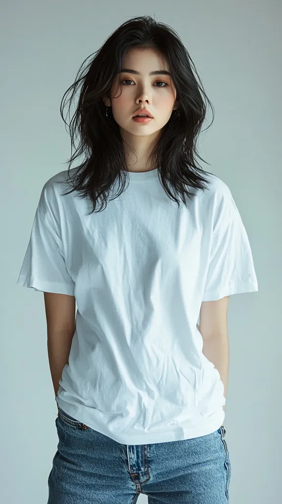 A young woman with shoulder-length black hair stands against a light gray background. She's wearing a simple white oversized t-shirt and light blue jeans. Her hands are casually in her pockets.  She has a calm expression, and her makeup is subtle and natural. The overall style is minimalist and understated.