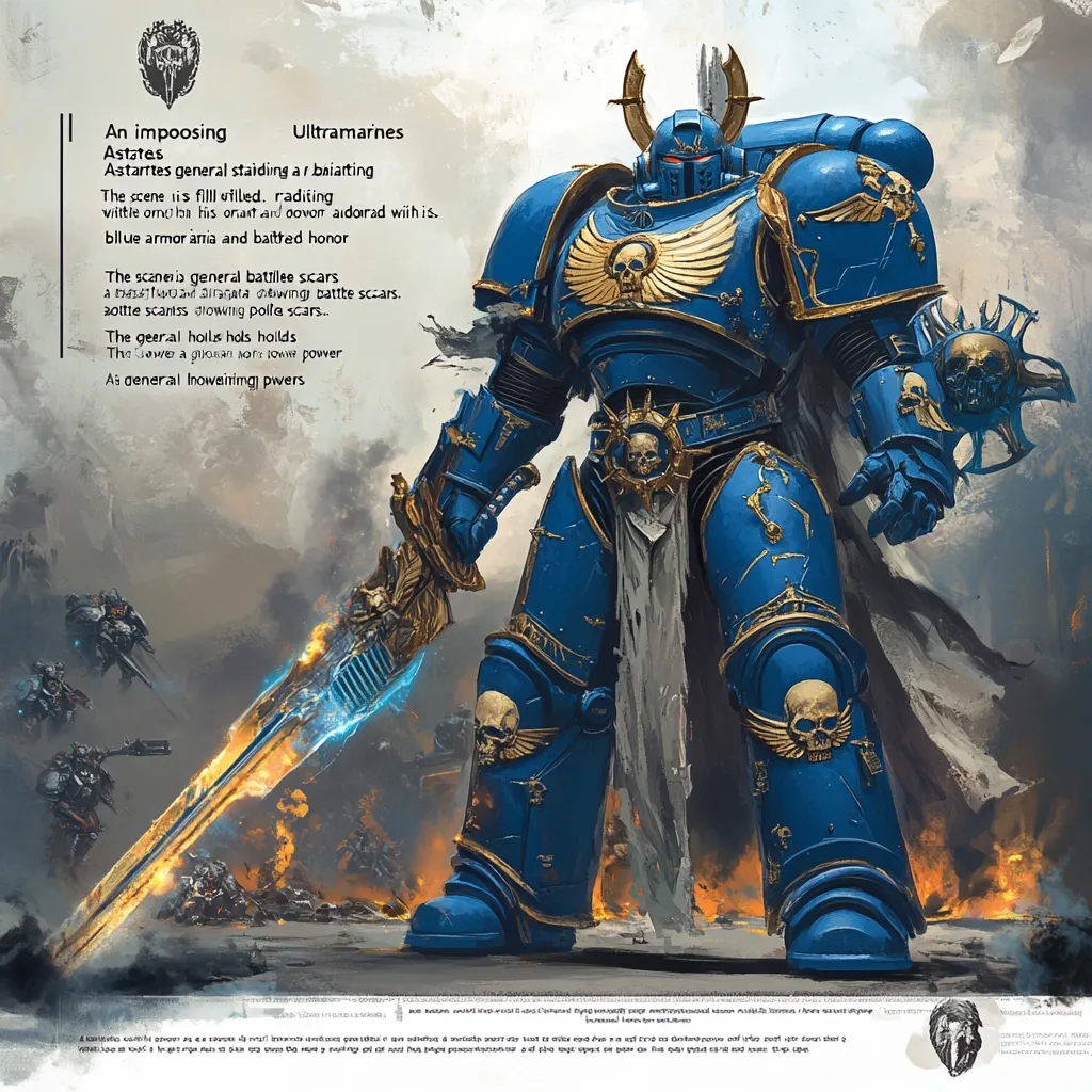 An imposing Ultramarines Astartes general stands amidst a raging battle.  His blue power armor, adorned with skulls and battle honors, shows numerous scars. He wields a large, glowing power sword. The scene is filled with the chaos of war, highlighting the general's power and the ferocity of the conflict.  His presence commands awe and respect.