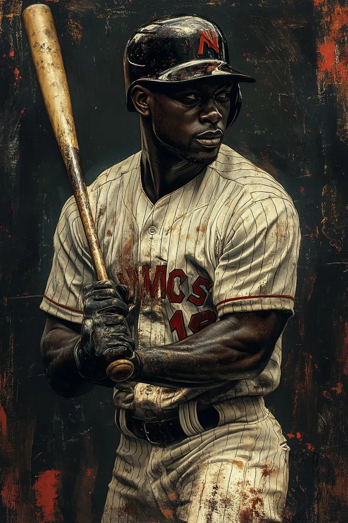 A stylized portrait of a baseball player, his dark skin glistening with sweat, is captured in a gritty, textured style.  He grips a worn wooden bat, his gaze directed to his right, hinting at anticipation.  His pinstripe uniform, heavily textured with dirt and grime, suggests a hard-fought game.  The overall mood is intense and dramatic, the dark background enhancing the powerful presence of the athlete.  A red 'N' is visible on his cap.