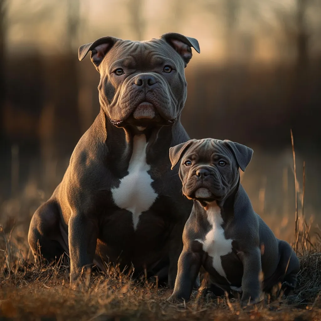 A striking image showcases a large, muscular American Bully, its dark gray coat highlighted by a white chest marking.  Seated beside it is a smaller puppy, mirroring its adult counterpart in color and markings. Both dogs are alert, facing the camera directly, set against a softly blurred background of autumnal browns and golds.  The golden hour lighting enhances their powerful presence and emphasizes the texture of their fur.