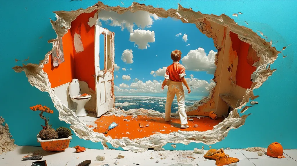 A surreal image depicts a boy standing in a hole broken through a turquoise wall.  The hole reveals an orange interior featuring a toilet and doorway leading to a vibrant sky and expansive cloudscape above a calm body of water.  The scene blends interior and exterior, reality and fantasy, creating a dreamlike atmosphere.  A bonsai tree sits in a pot near the base of the hole, adding to the scene's artistic composition.