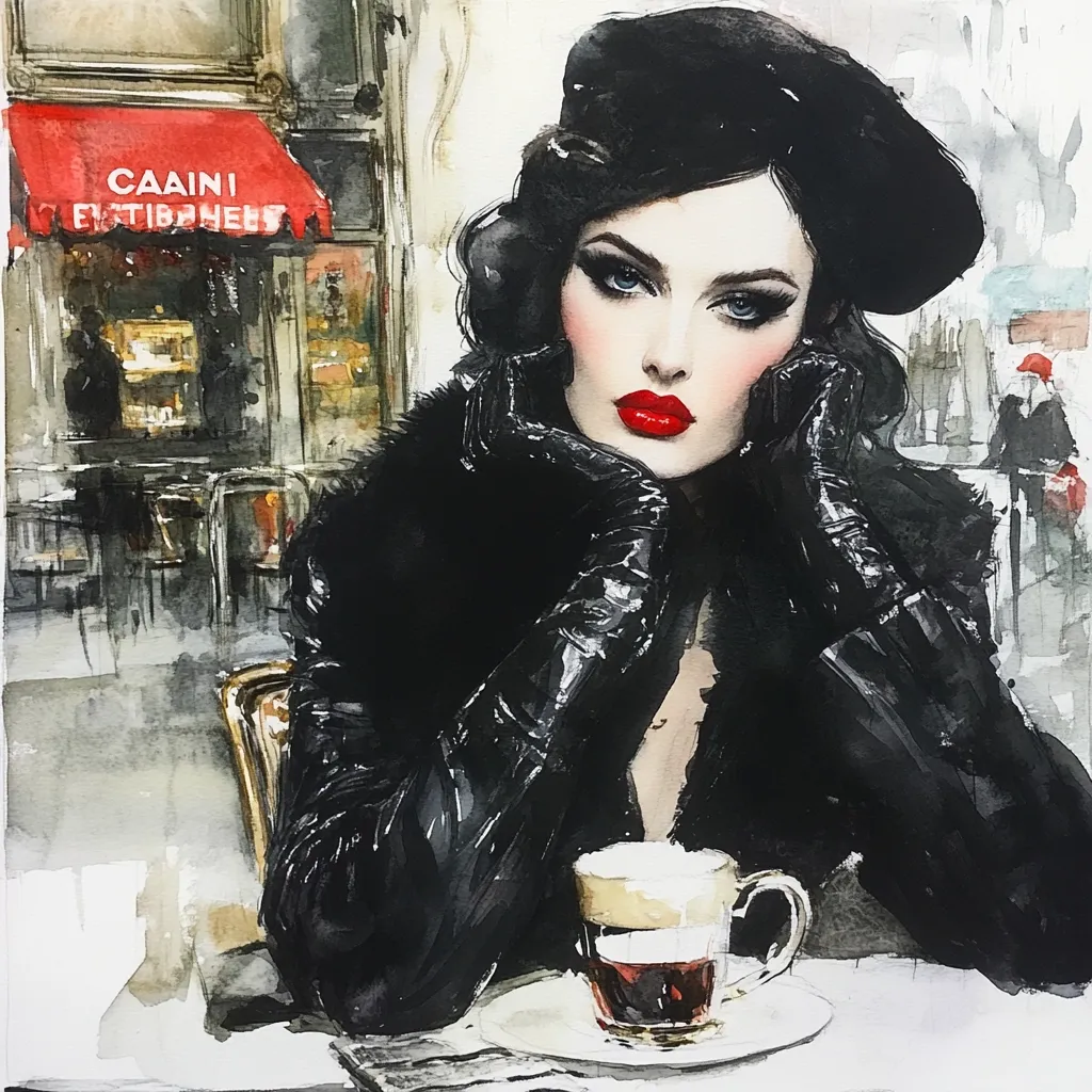 A watercolor painting depicts a stylish woman in a black beret and leather gloves, seated at an outdoor Parisian cafe.  She rests her chin on her hands, gazing pensively.  A cappuccino sits on the table before her. The background is a softly rendered cityscape with a red awning reading "CAAINI" partially visible.  The overall mood is sophisticated and melancholic.