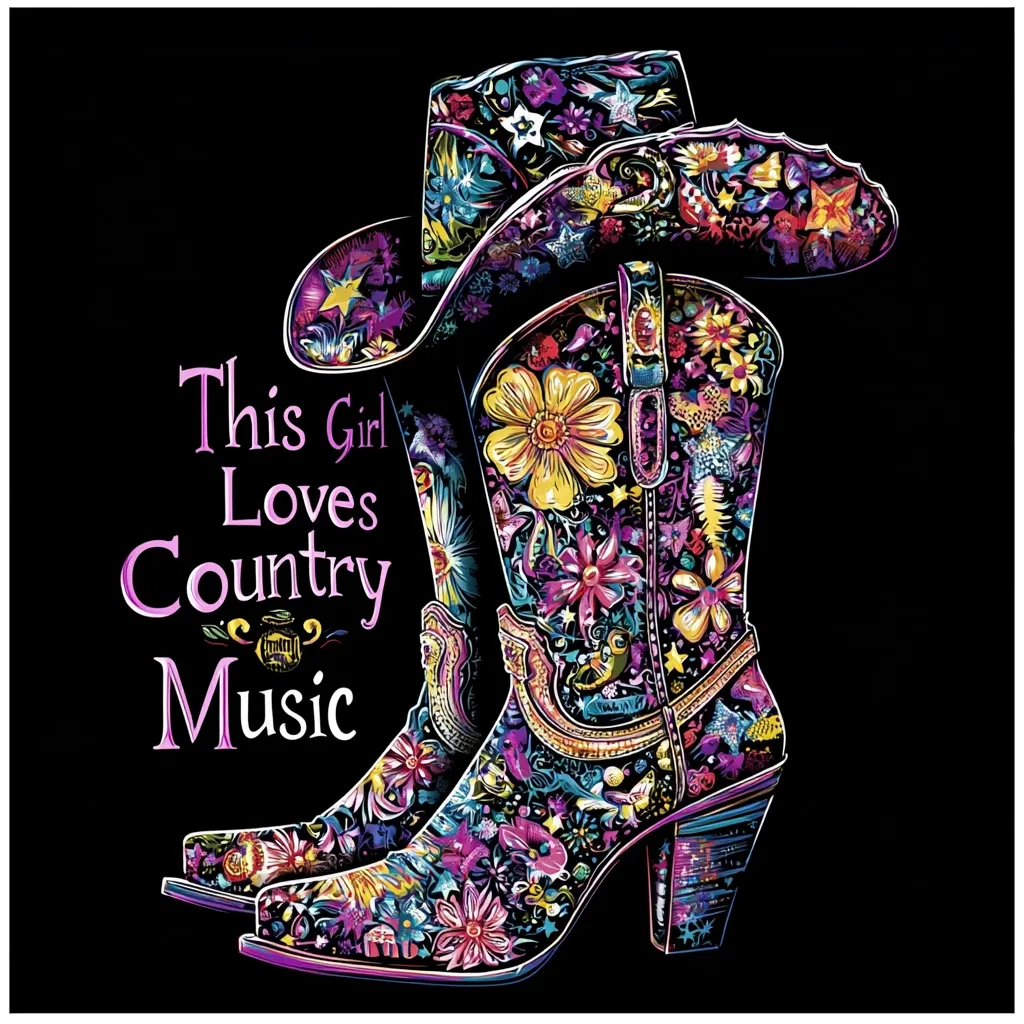 A pair of vibrant, floral-embellished cowboy boots and a matching hat are depicted against a black background.  The boots are adorned with a colorful array of flowers and stars.  The text "This Girl Loves Country Music" is prominently displayed, creating a design celebrating country music and western fashion.  The overall style is bold and eye-catching.