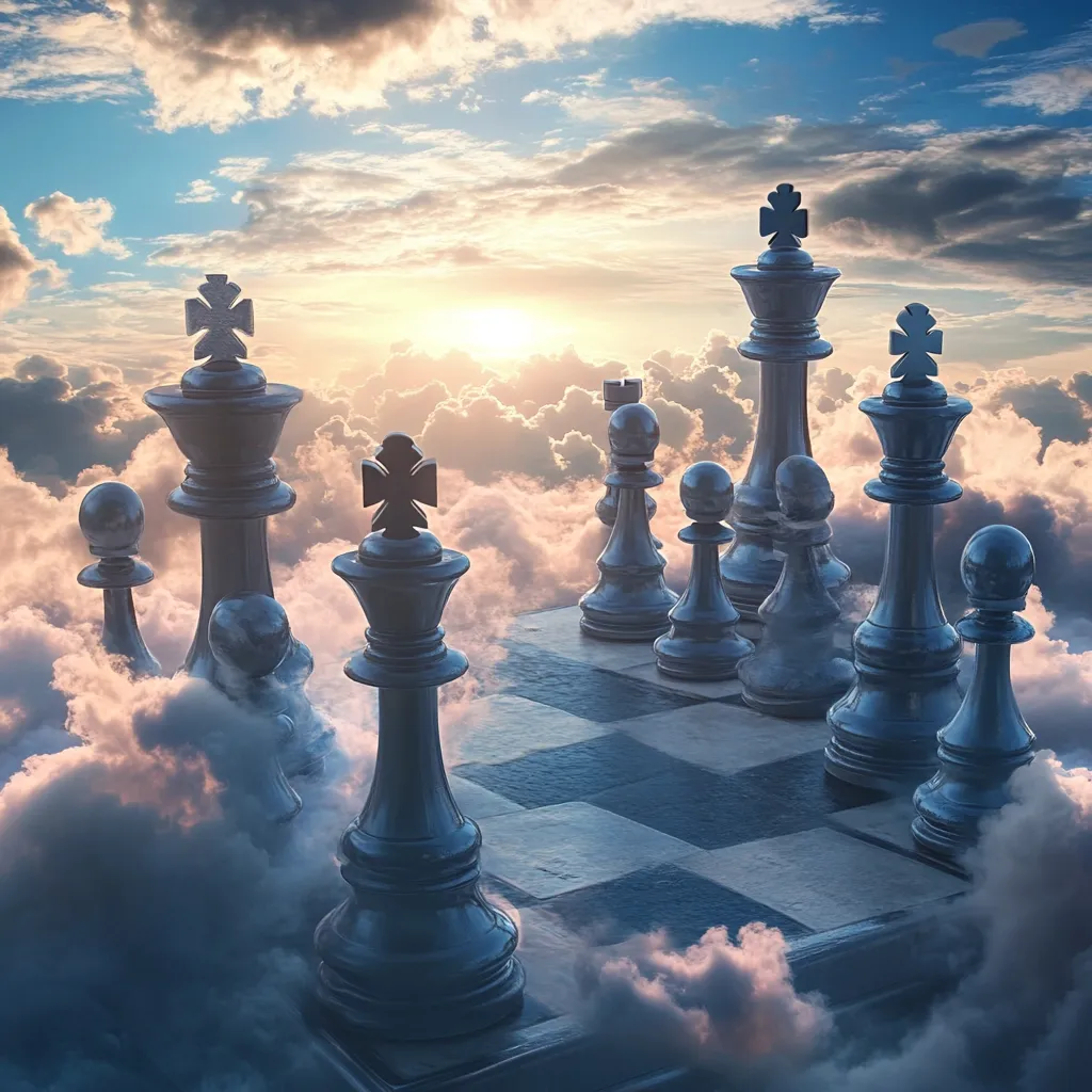 A majestic chessboard floats amidst a breathtaking sunset sky, its pieces seemingly suspended in clouds.  The dark, metallic chess pieces stand tall and imposing,  creating a dramatic scene of strategic contemplation. The setting evokes a sense of grand scale and ethereal beauty, suggesting a game of immense importance played in a realm beyond the ordinary.  The warm light enhances the scene's otherworldly atmosphere.