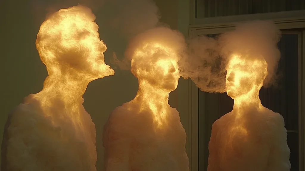 Three sculpted human torsos are illuminated from within, creating a fiery effect.  Surrounding each figure is a hazy, cloud-like substance, emanating from their heads.  The sculptures are positioned closely together, suggesting a connection or shared experience. The overall aesthetic is surreal and evokes a sense of mystery and transformation.