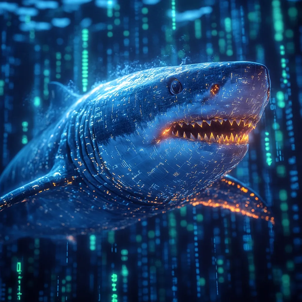 A digital rendering depicts a great white shark constructed from glowing blue lines resembling computer code.  Its menacing open mouth reveals sharp, orange-glowing teeth. The shark is set against a backdrop of cascading binary code, creating a striking visual metaphor for cybersecurity threats or data breaches, symbolizing a powerful and dangerous digital predator.
