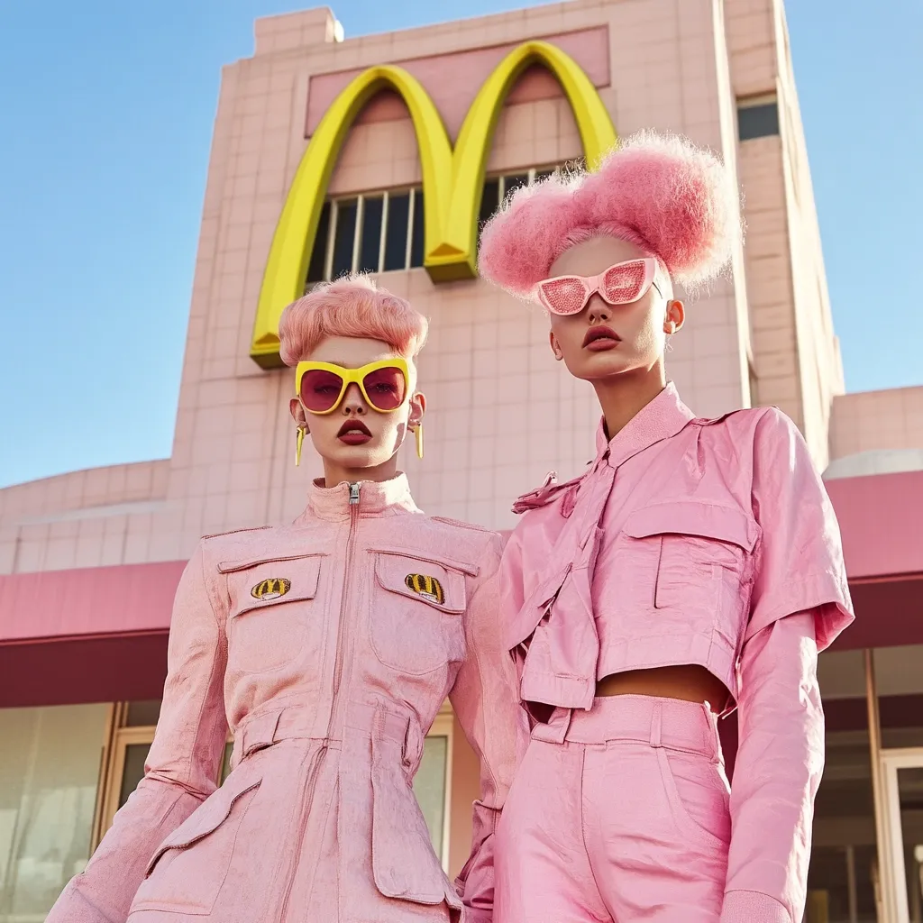 Two models, sporting vibrant pink hair and sunglasses, stand before a pastel-pink McDonald's.  One model wears a pink jumpsuit, the other a matching cropped jacket and pants.  Their bold style contrasts with the iconic golden arches in the background, creating a playful and visually striking image.  The overall aesthetic is bright, bold, and fashion-forward.