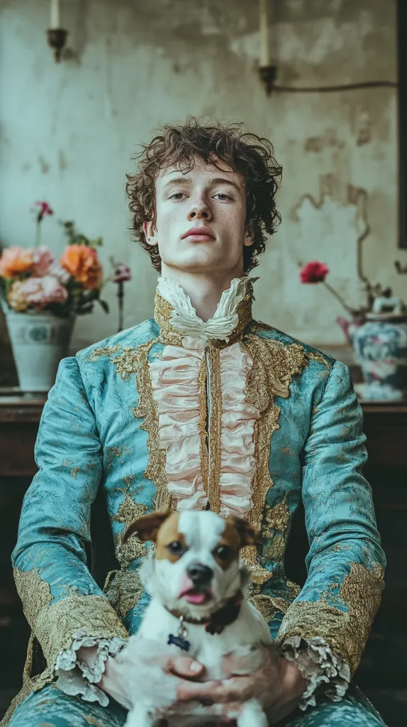 A young man with curly hair sits in a richly decorated teal and gold rococo-style coat.  He holds a small, white and brown dog in his lap.  The background features a muted, aged interior with flowers in a vase, suggesting a historical or artistic setting.  The overall mood is serene yet regal, with a touch of melancholic beauty.