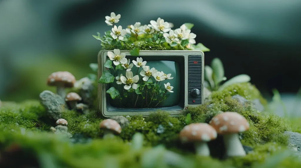 A miniature vintage television sits nestled in a bed of moss, surrounded by small mushrooms.  White flowers sprout from within the TV screen, creating a whimsical, surreal scene. The overall mood is serene and slightly mysterious, suggesting a tiny, enchanted world.  The green moss and earthy tones complement the retro aesthetic of the television.
