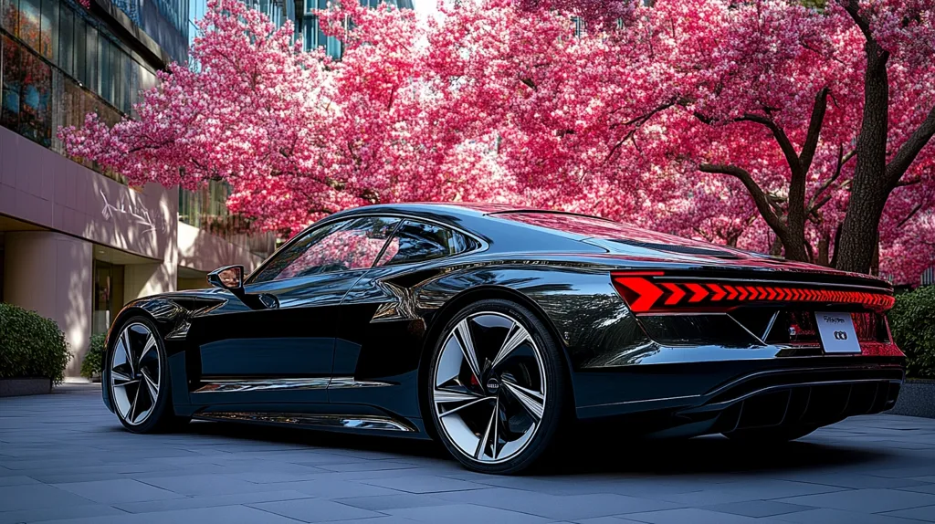 A sleek, black Audi e-tron GT sports car is parked on a paved surface, its rear end facing the viewer.  The car is positioned in front of a vibrant pink cherry blossom tree in full bloom, creating a striking contrast against the modern architecture in the background. The image showcases the car's design and sophisticated aesthetics, highlighted by the natural beauty of the springtime setting.