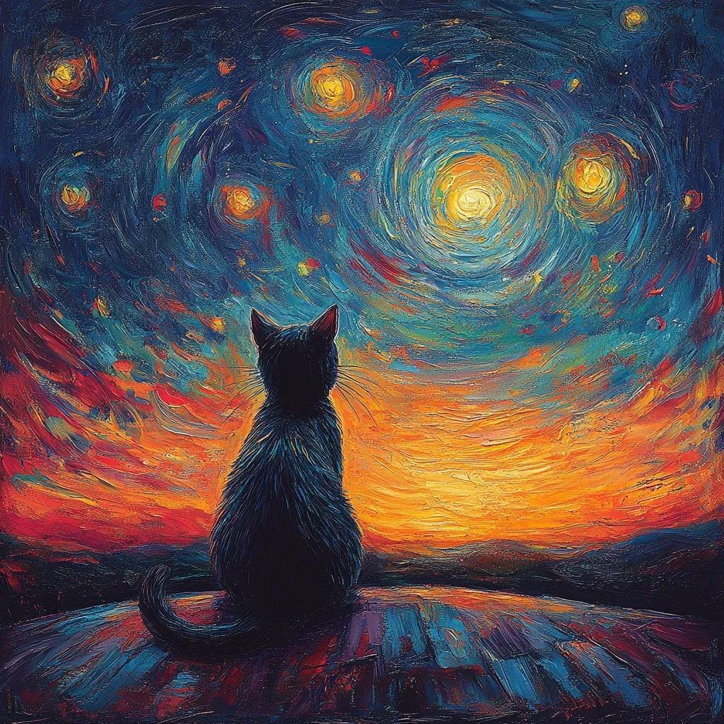 A painting in the style of Van Gogh depicts a black cat sitting on a hilltop, gazing at a vibrant sunset and starry night sky. The sky is a swirling mix of blues, oranges, and yellows, with bright stars and a large central sun. The cat's silhouette is stark against the colorful background, creating a serene and contemplative mood. The impasto technique adds texture and depth to the artwork.