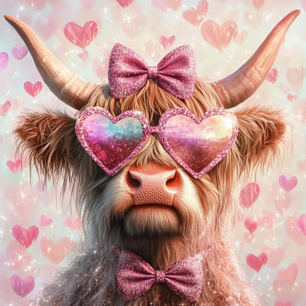 A Highland cow, adorned with pink glitter heart-shaped sunglasses, a matching bow on its head, and a smaller bow tie, is the focus.  The background features a soft pink and white gradient with floating pink hearts, creating a romantic and whimsical Valentine's Day aesthetic. The cow's expression is sweet and endearing.