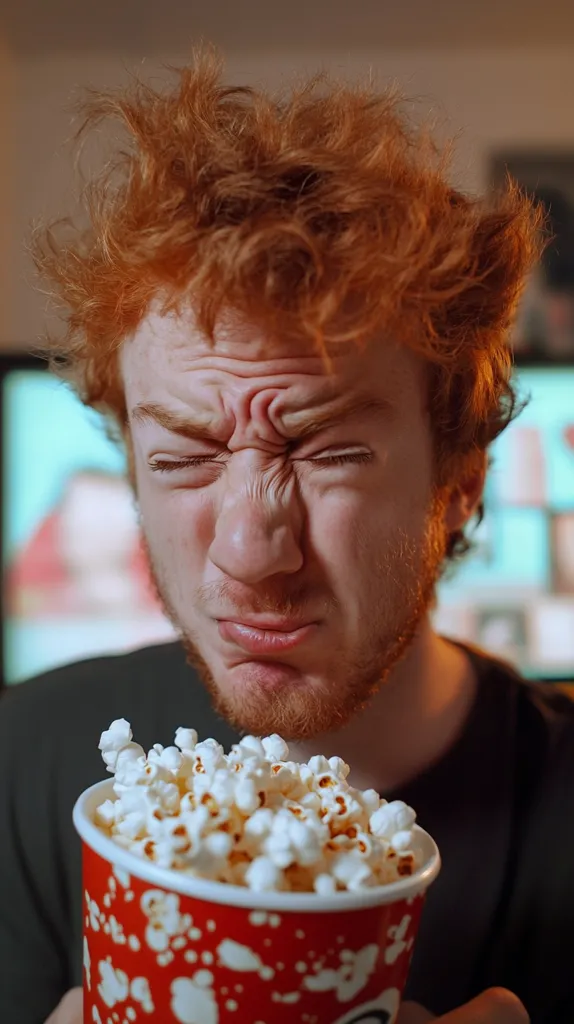 A young man with vibrant red hair wrinkles his face in a grimace while holding a large bucket of popcorn.  He appears to be watching television, his expression suggesting a reaction to something on screen. The background is blurry, showing a television displaying an indistinct image.  The overall lighting is warm and intimate.