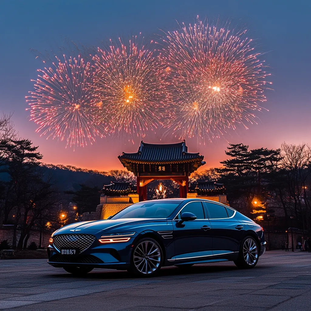 A dark blue Genesis G90 sedan is parked in front of a traditional Korean gate.  Three vibrant fireworks bursts illuminate the twilight sky above, creating a dramatic and festive backdrop. The scene is peaceful and showcases the car's elegance against a culturally rich setting.  The overall mood is celebratory and luxurious.