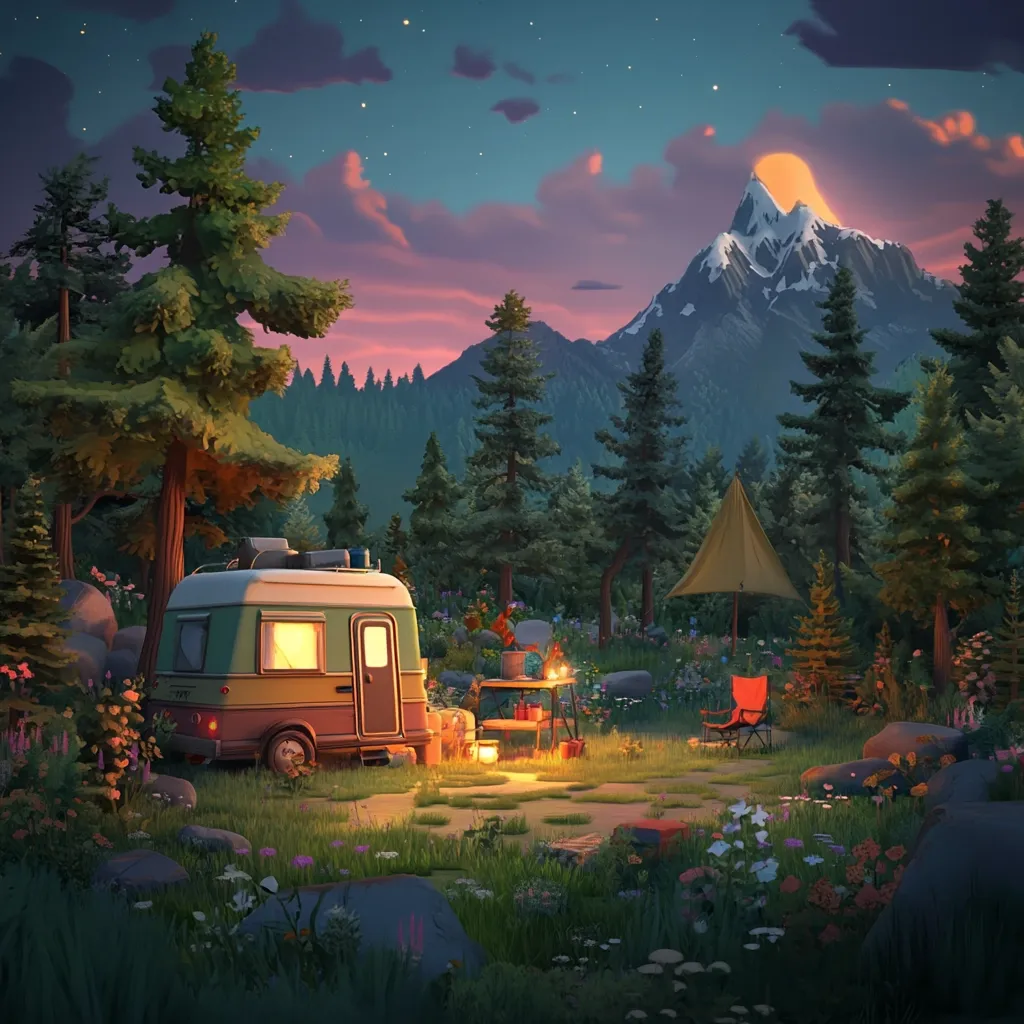 A vintage camper van is parked in a picturesque forest campsite at sunset.  A small table with camping gear sits nearby, illuminated by a lantern.  A red camping chair and a tent add to the peaceful scene, all set against the backdrop of a majestic snow-capped mountain under a twilight sky.  Wildflowers bloom around the campsite, creating a tranquil and idyllic atmosphere.