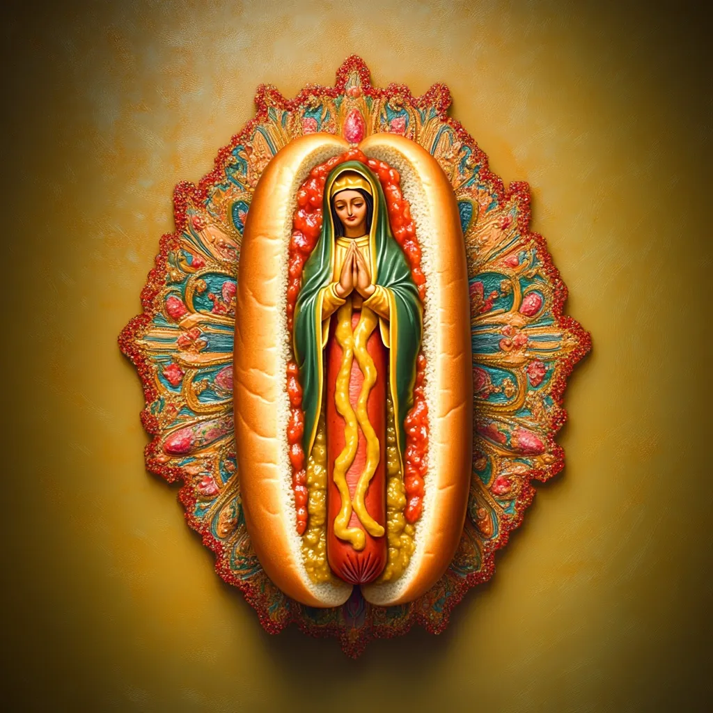 A digital artwork depicts a hot dog nestled within an ornate, circular frame resembling a religious mandala.  Inside the hot dog bun, a figurine of the Virgin Mary is positioned, her hands clasped in prayer.  The hot dog is adorned with mustard and ketchup, creating a striking juxtaposition of religious iconography and commonplace food.  The overall effect is surreal and thought-provoking.