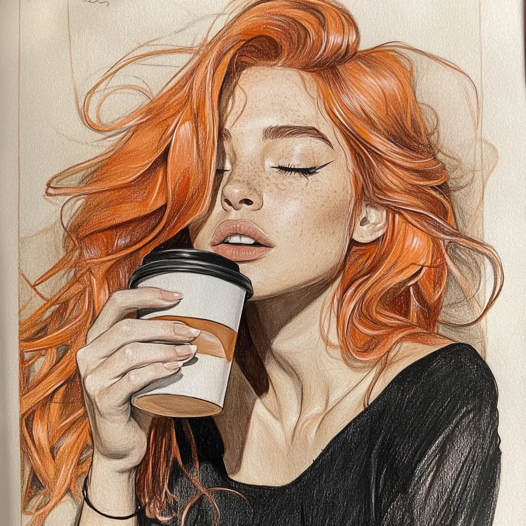 A detailed colored pencil drawing depicts a young woman with vibrant, flowing ginger hair.  Her eyes are closed serenely as she holds a disposable coffee cup to her lips.  She wears a simple black top, and the light catches her freckled skin. The overall style is realistic and evocative of calm contentment.
