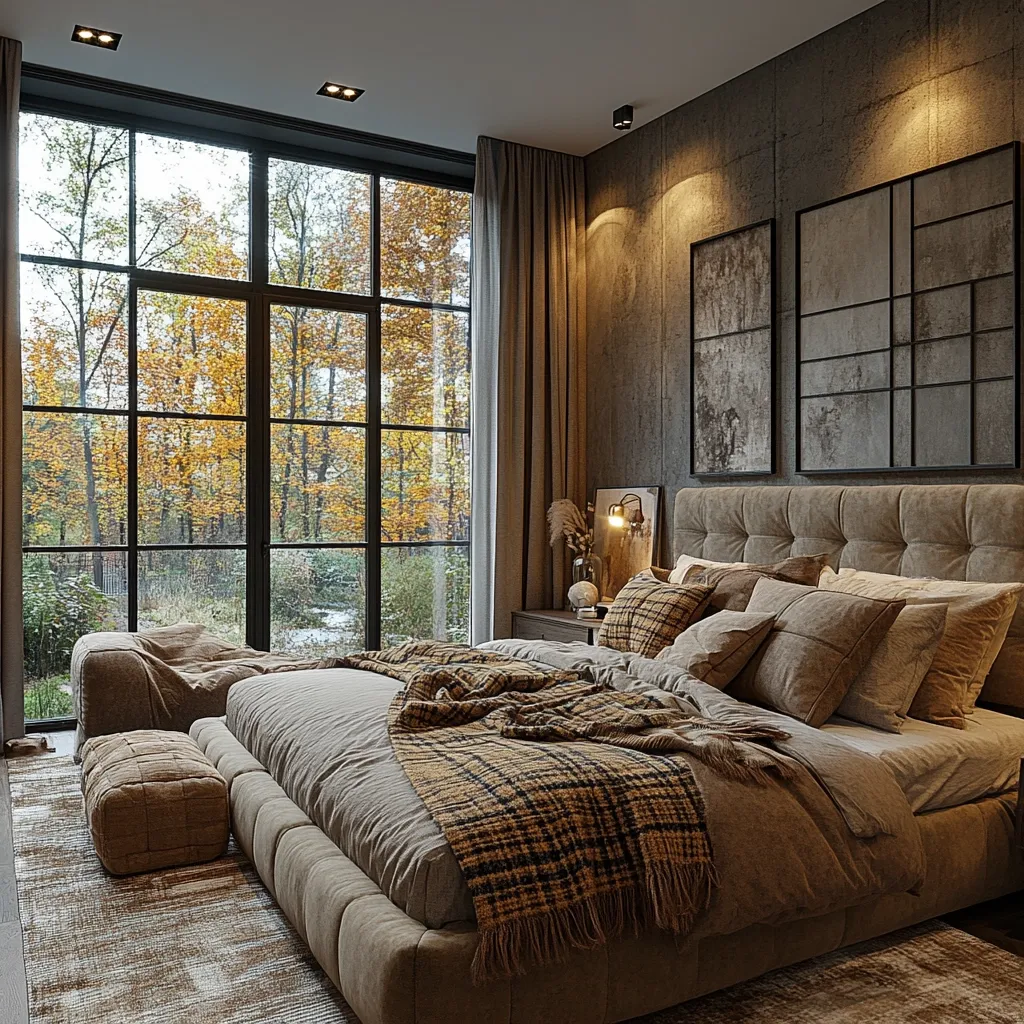 A cozy bedroom features a large bed with a taupe upholstered headboard and matching linens. A mustard yellow and brown plaid throw adds warmth.  Large windows showcase an autumnal forest view.  The room's decor includes muted tones, textured walls, and minimalist artwork, creating a sophisticated and tranquil atmosphere.  A small ottoman sits at the foot of the bed, adding to the room's relaxed ambiance.