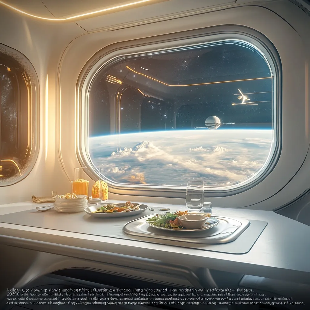 A futuristic dining scene is depicted, set within a spacecraft.  Large, curved windows offer a breathtaking view of Earth and space, with a spaceship visible outside.  A table is set for two with plates of food and drinks, creating a luxurious and unique dining experience amidst the cosmos.  The overall aesthetic is sleek and modern, emphasizing the elegance of space travel.