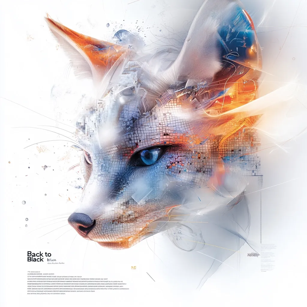 A stylized digital portrait of a cat's head, composed of mosaic-like squares and translucent, flowing lines.  The cat's eye is a vibrant blue, contrasting with the cool and warm tones of its fur.  The image is abstract and surreal, blending realism with digital artistry.  The title "Back to Black" is displayed along with an artist's signature and text.  The background is predominantly white, allowing the cat's face to be the focal point.