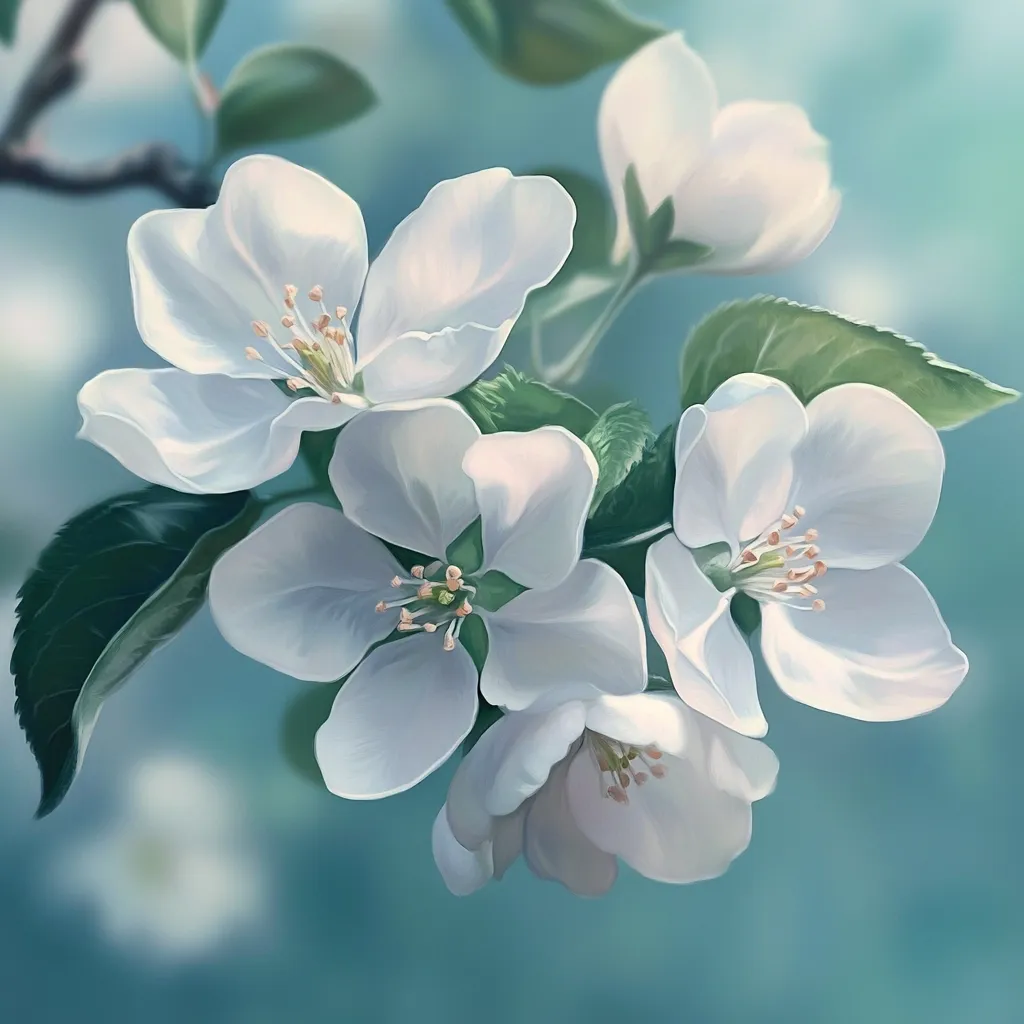 A close-up digital painting showcases a delicate cluster of white blossoms, possibly apple or cherry blossoms.  The petals are softly rendered, exhibiting a subtle interplay of light and shadow.  Lush green leaves frame the flowers against a blurred teal background, creating a serene and peaceful atmosphere. The overall style is painterly and realistic.