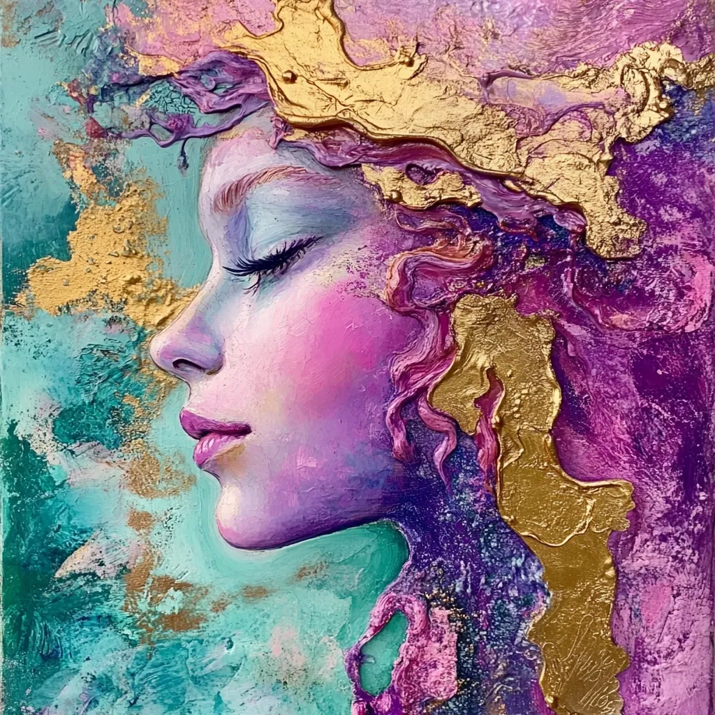 A textured portrait of a woman's face in profile, rendered in vibrant purples, pinks, and teals.  Her hair flows into abstract, swirling forms, interspersed with gold leaf accents. The style is impasto, emphasizing thick paint application and three-dimensionality, creating a dreamlike and ethereal effect. The background complements the colors of the portrait, blending seamlessly with the woman's hair.