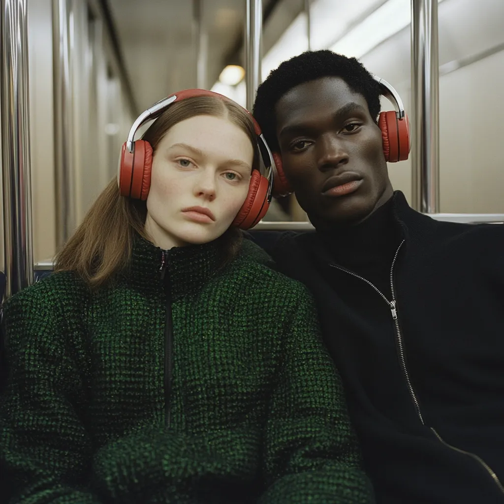 A young woman with long brown hair, wearing a dark green textured jacket and red headphones, sits next to a young man with short black hair wearing a black zip-up jacket and the same red headphones.  They are seated close together on a subway car, appearing to listen to music. The image is moody and fashion-focused.