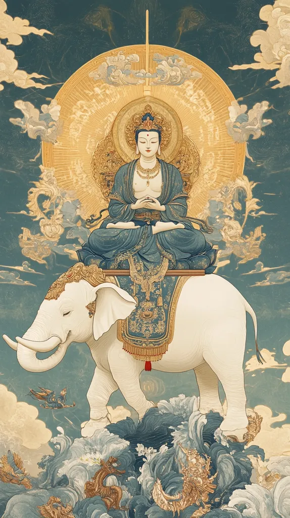 A serene Buddha, adorned in flowing robes and a jeweled crown, sits majestically atop a white elephant.  The elephant gracefully treads upon turbulent waves, while smaller figures and mythical creatures surround them.  The scene is framed by a radiant golden halo and swirling clouds, creating a harmonious blend of tranquility and power, evoking a sense of divine presence. The artwork's muted color palette and intricate details enhance its spiritual aura.