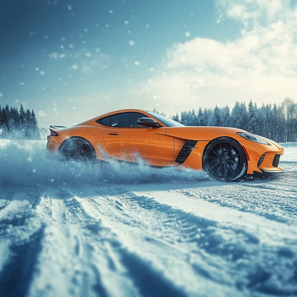 A vibrant orange sports car powers through a snowy landscape, kicking up a spray of snow as it drifts.  The car's sleek design is highlighted against the winter backdrop of snow-covered trees and a clear blue sky.  The tire tracks in the snow showcase the car's dynamic movement.  The overall scene conveys speed, power, and the thrill of winter driving.