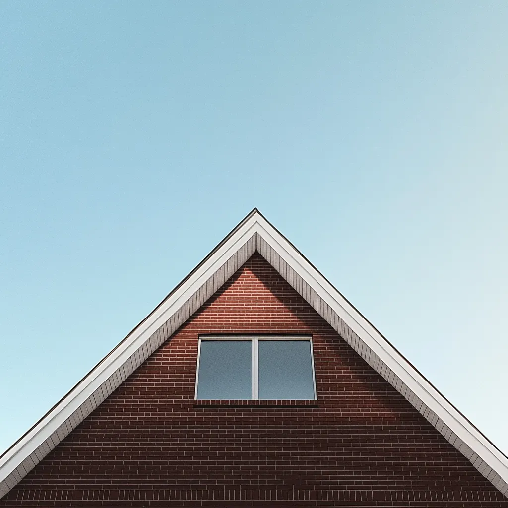 A low-angle view of a gable roof against a clear blue sky. The roof is constructed of dark red brick with a white trim. A single, double-paned window is centered in the gable.  The image is minimalist and emphasizes geometric lines and contrasting colors. The sun illuminates the brickwork, creating subtle shadows.