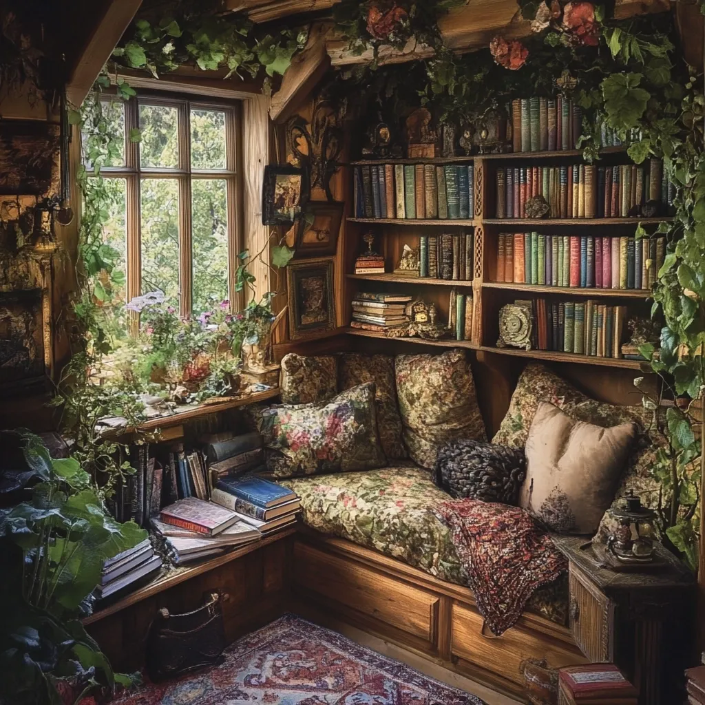 A cozy reading nook bathed in natural light from a large window, overflowing with lush greenery.  A built-in window seat, cushioned and patterned, is nestled beside a richly stocked wooden bookcase filled with antique books.  The room exudes a rustic charm, enhanced by a warm color palette and an abundance of plants. A tranquil and inviting space for quiet contemplation and reading.