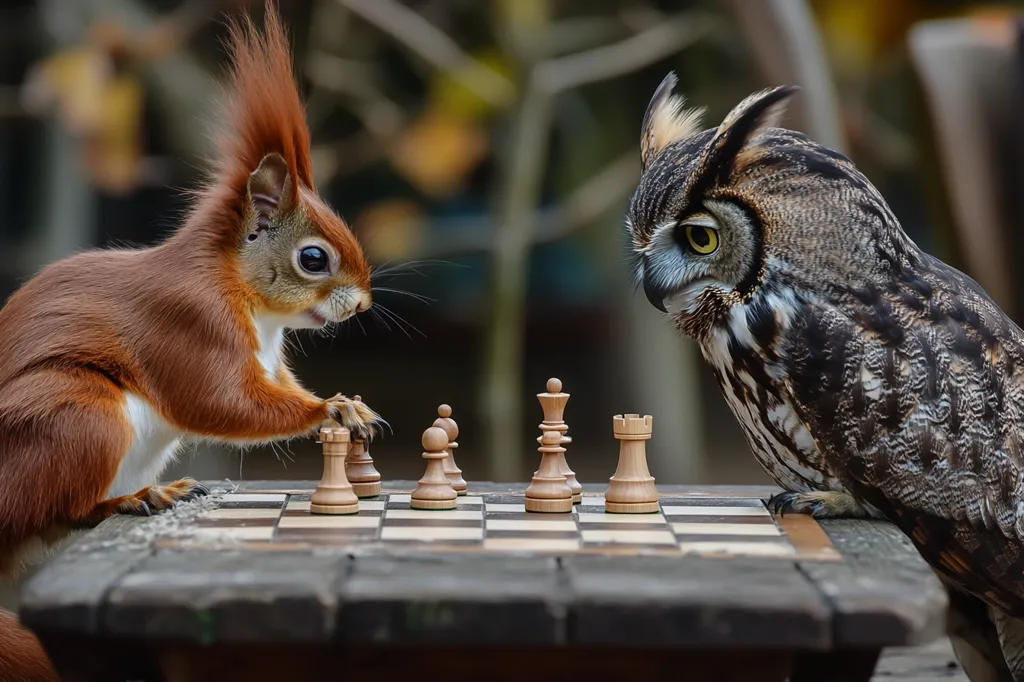 A red squirrel and a great horned owl are intensely focused on a chess game.  A few chess pieces are on the board, suggesting the game is in its early stages. The animals are positioned on either side of the rustic wooden chessboard, their expressions conveying a serious competitive spirit. The background is blurred, drawing attention to the unusual players and their intellectual duel.